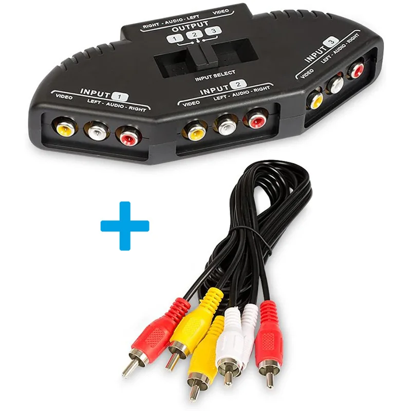 RCA Splitter with 3-Way Audio Video RCA Switch Box + RCA Cable for Connecting 3 RCA Output Devices to Your TV