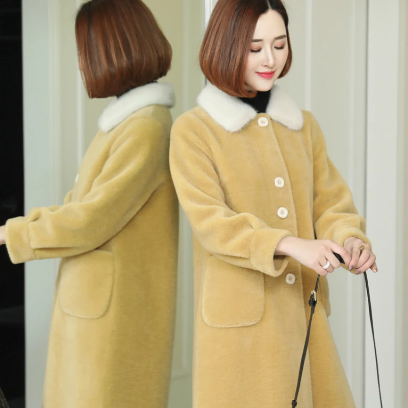 

Real Sheep Shearing Jackets Women Autumn Winter Wool Coat Female Spring Parka Natural Mink Fur Collar Overcoat LWL1357