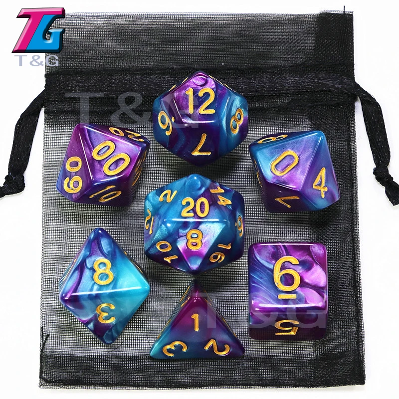 DnD 2-Colors Dice Sets High Quality Game Pieces with Gold Numbers 7PCS/set