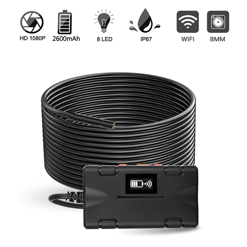 

8MM 1080P HD WIFI Endoscope Camera Hard Wire IP67 Waterproof 8LED 2600mAh Battery Inspection Snake Borescope For Android IOS