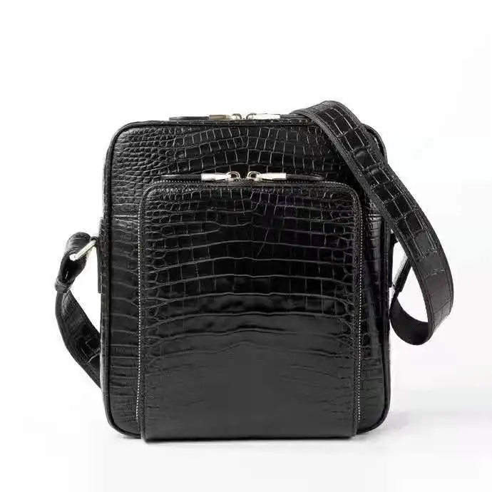 100% genuine crocodile leather men small size bag 2021 new men crocodile belly skin shoulder cross body men bag black color zip