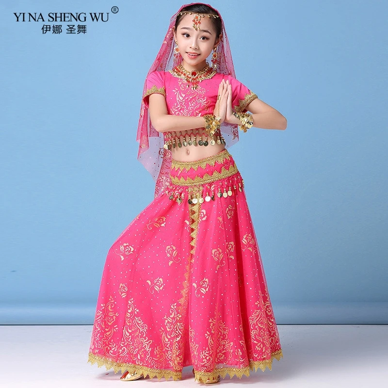 New Style Kids Belly Dance Indian Dance Costume Set Sari Bollywood Children Outfit Chiffon Belly Dance Performance Clothes Sets