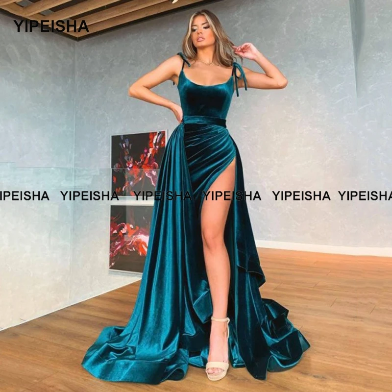 Yipeisha 2021 Hunter Velour Long Evening Dresses With Detachable Train Spaghetti Straps High Side Slit Formal Party Simple Gowns