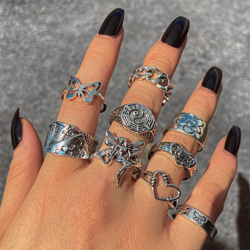 Punk YinYang Ring Set for Women Gothic Black Heart Butterfly Vintage Ghost Silver Color  Plated Retro Rhinestone Finger Jewelry