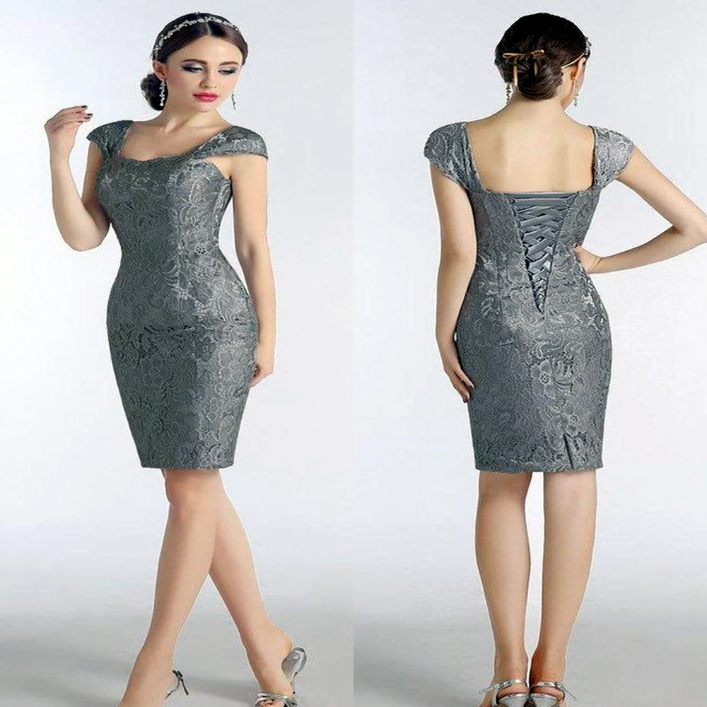 Silver Grey Lace Mother Of The Bride Dresses Knee Length Sheath With Capped Short Sleeves Custom Made Women Evening Dresses