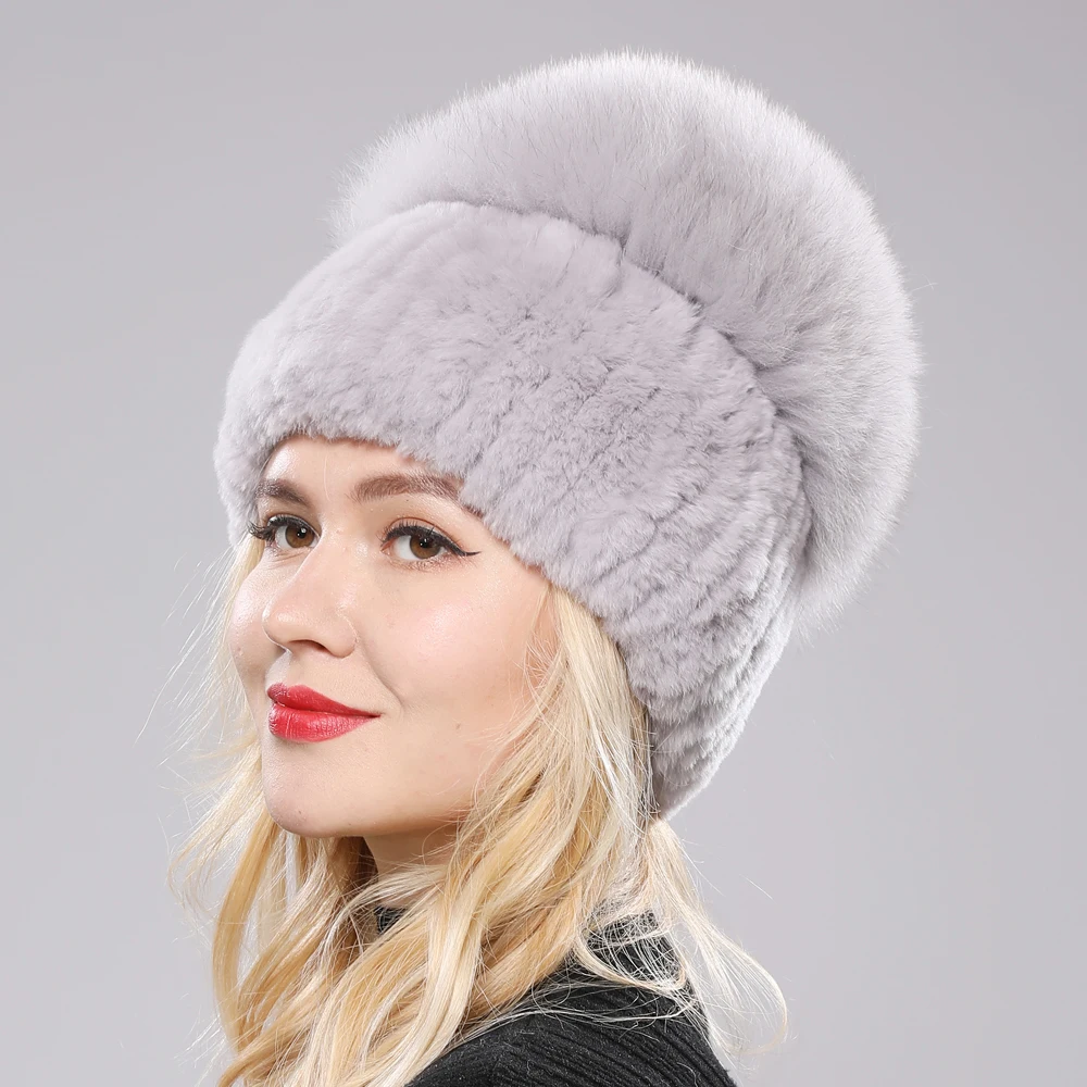 Russia Winter Luxury Women Real Genuine Fox Fur Beanies Hat Girls Natural Real Rex Rabbit Fur Skullies Cap Knitted Real Fur Hats