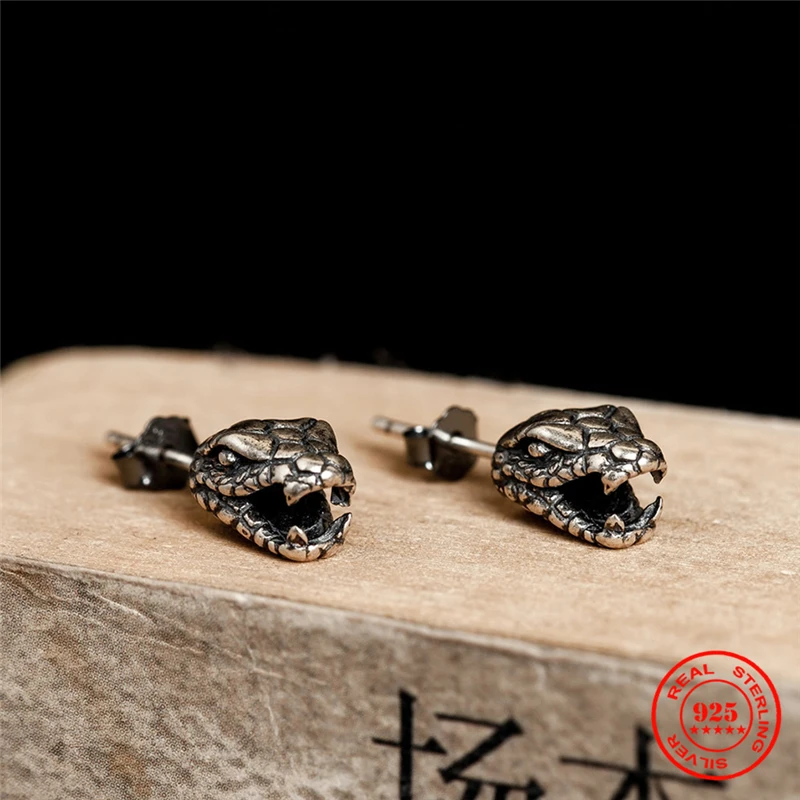 MKENDN Punk Dark style 3D Cobra Head Personalized Stud Earrings Crawling Snake Eye 925 Sterling Silver Ear Jewelry