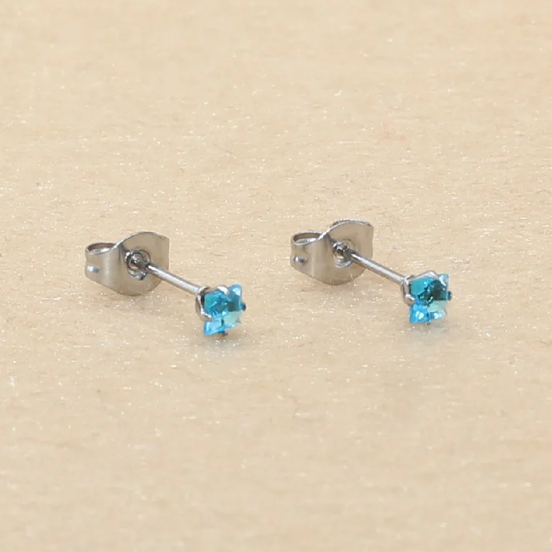 Stainless Steel With 3mm Square Colors Red Green Blue AAA Zircons Stud Earrings No Fade Allergy Free