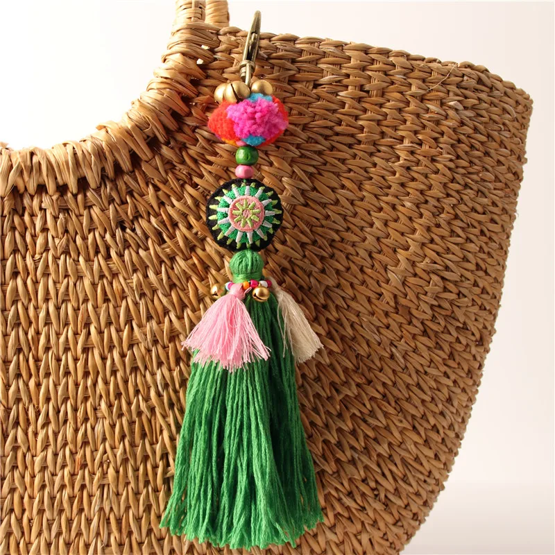 1pc Flower Charms Keychains Wooden Beads With Pompom Keyring Colorful Jewelry Boho Style