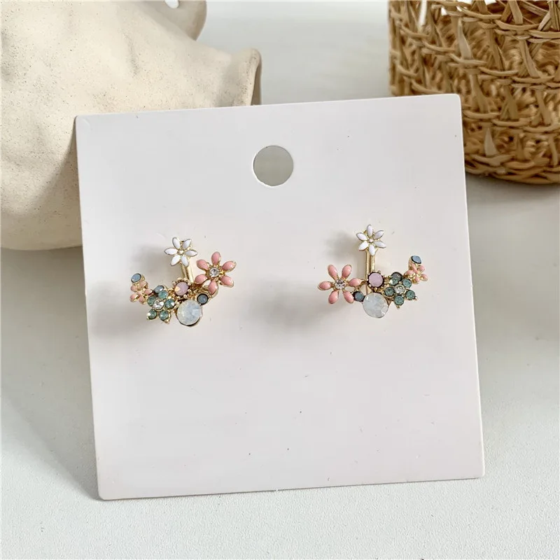 Korean Vintage Colorful Painted Oil Flower Back Hanging Earrings for Women Crystal Stud Earring Women Romantic Earrings Jewelry