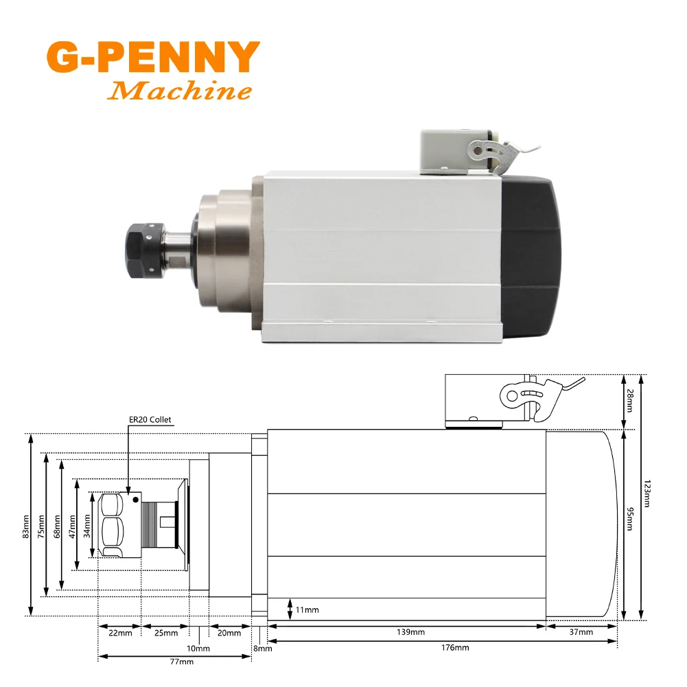 1.5KW ER20 Air Cooled Spindle Motor Square Spindle  With mounting flange & 1.5kw Huanyang Inverter 4 PCS Bearings