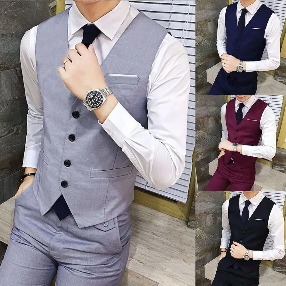 Solid Color Men formal Waistcoats Dress Suit Vest Slim Three button Vest Men Plus Size M-5XL Sleeveless Suit vest chaleco hombre