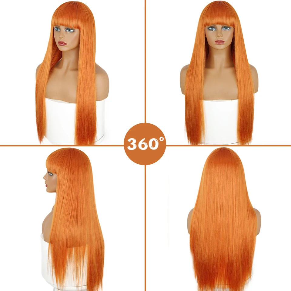 Perruque longue Orange avec frange lisse Orange perruques pour femmes Cosplay longue perruque Orange synthétique naturelle à la recherche d'un usage quotidien