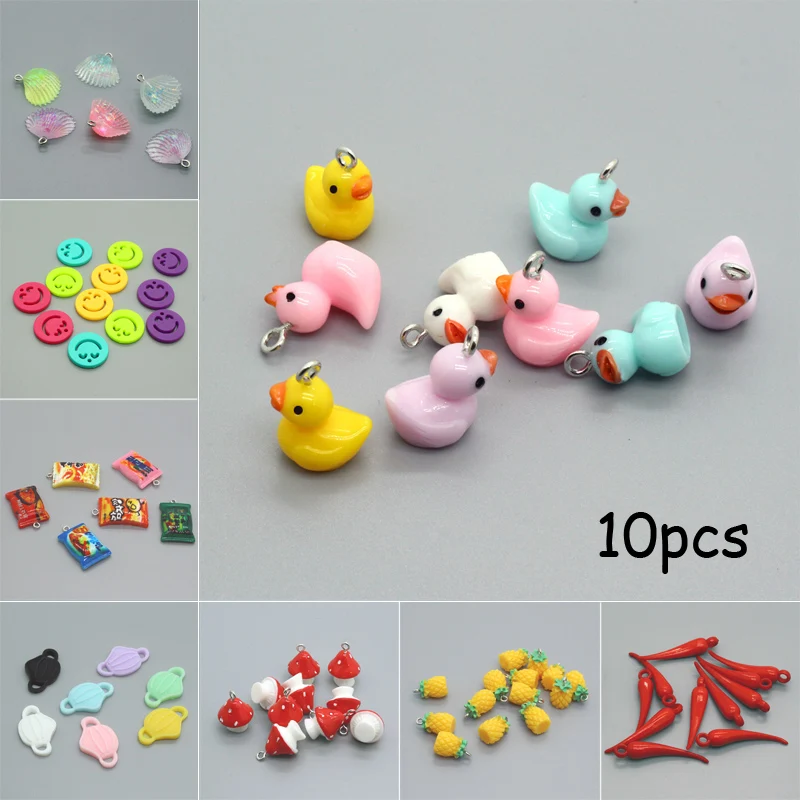 10pcs Mixed Resin Food Animal Fruit Pendant Charms Pineapple Noodles Duck Earring Key Chains Accessory DIY Charm Jewelry Make