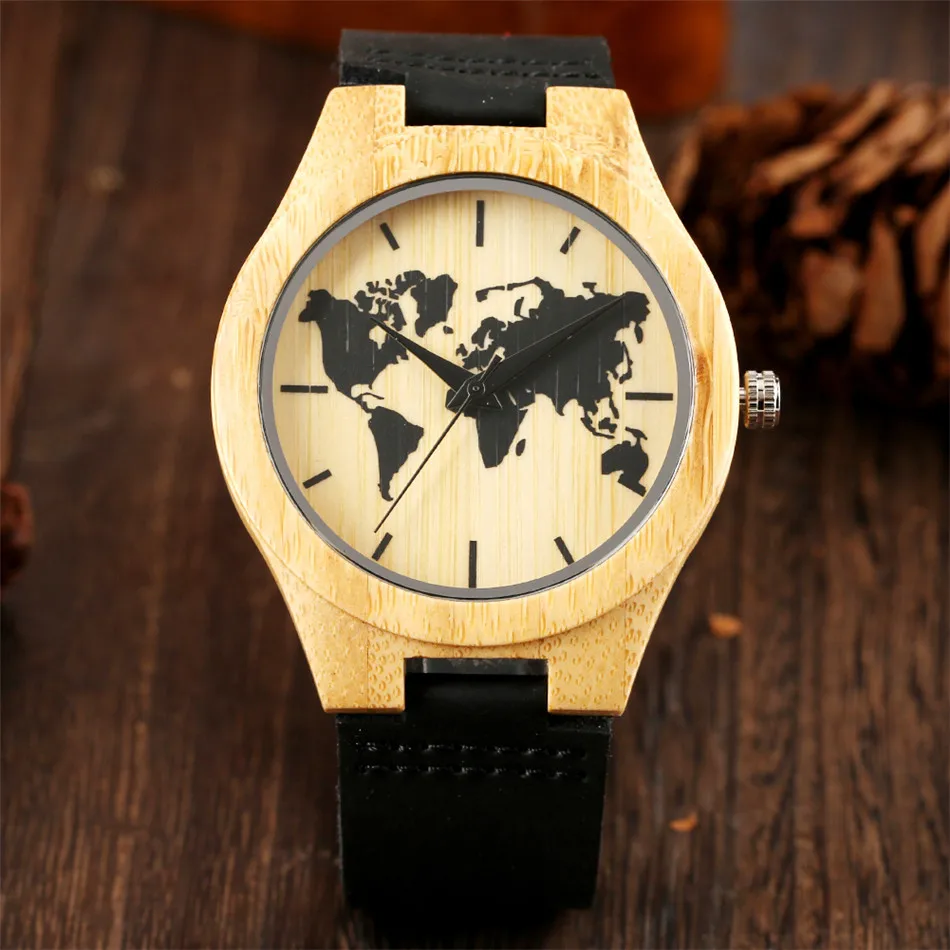 Engraving Black World Maps Display Bamboo Watch for Men Genuine Leather Casual Men's Wristwatch Quartz Wooden Timepiece Gifts