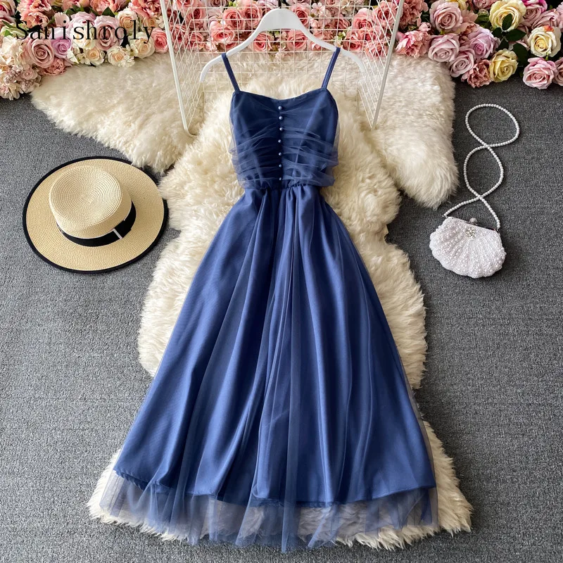 New Summer Women Beading Spaghetti Strap Dresses V-Neck Long Mesh Patchwork Dress Lady Sleeveless Large Hem Lace Camiso Vestidos