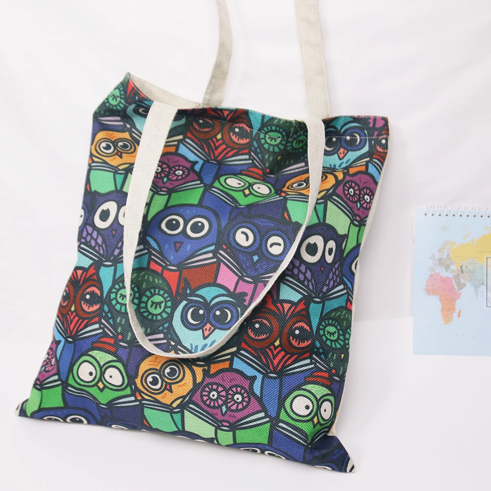 Soft Linen Cotton Beach Bags Vegan Fabric Shopping Bags with Cute Owls Deer Printing