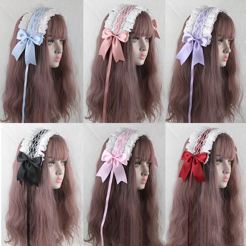 Cinta para el pelo Lolita de sirvienta, accesorios para el cabello, cinta de encaje dulce japonesa, Diadema con lazo, tocado de Cosplay