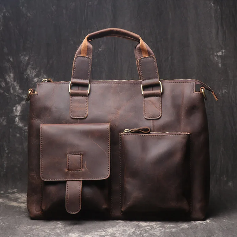 LACHIOUR Crazy Horse Leather Handbag Male Travel 15.6 inch Laptop Bag Male Vintage A4 Document Shoulder Bag Brand Briefcase Tote