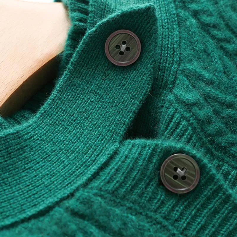 Women's Cardigan, Round Neck Elastic, Basic Explosive Style, Pure Wool Twisted Long-Sleeve Soft And Thick Knitted Sweater Coat