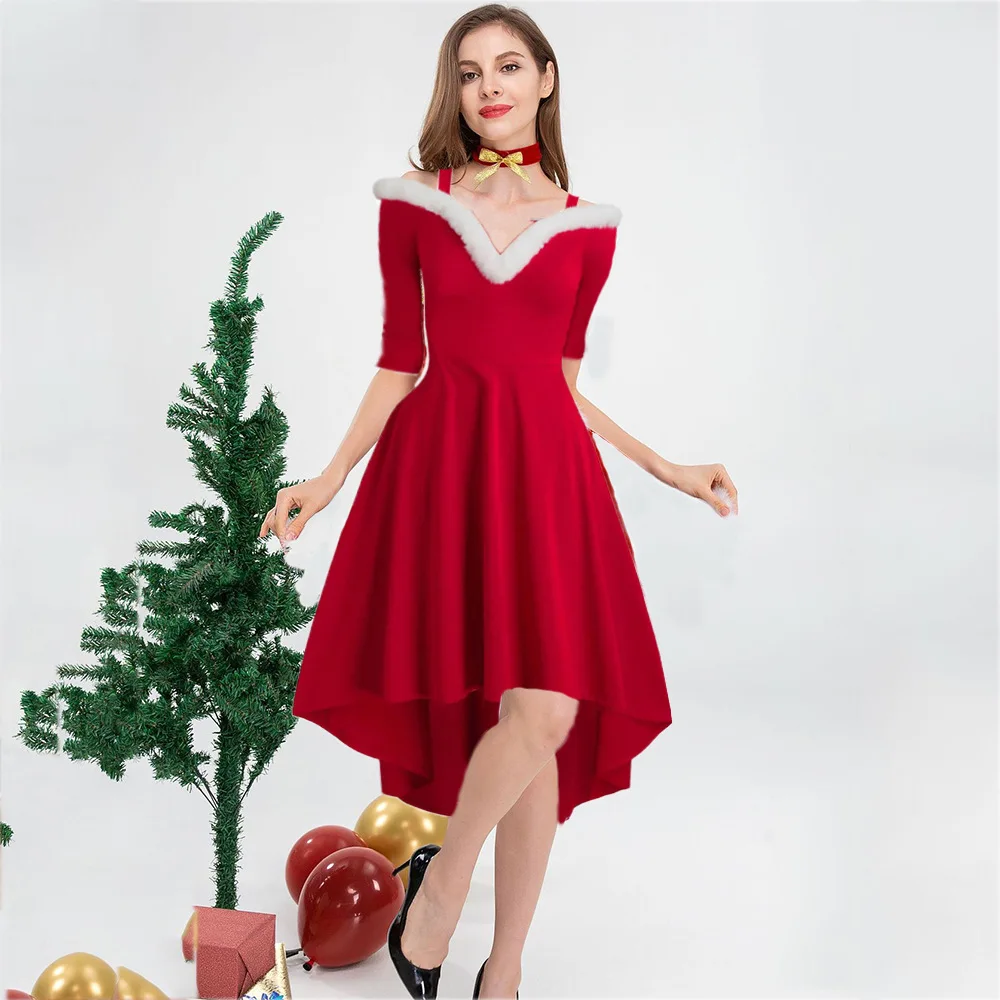 Große Größe rote Weihnachts kleider Frauen Leibchen Vintage Weihnachten festes Kleid Damen Halbarm Kleid tragen S-3XL