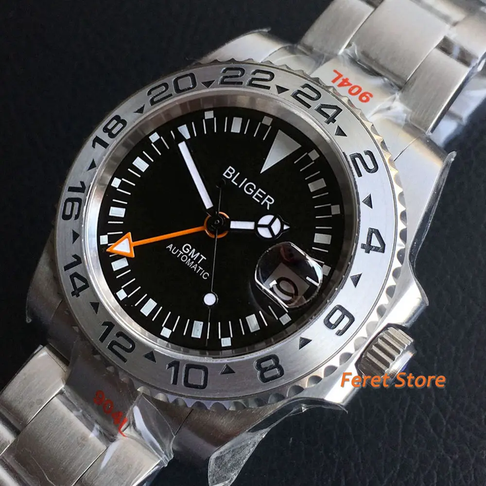 

BLIGER 40mm Orange GMT Automatic Men Watch Black Dial Luminous Hand Brushed Oyster Band Silver Insert Flat Sapphire Wristwatch