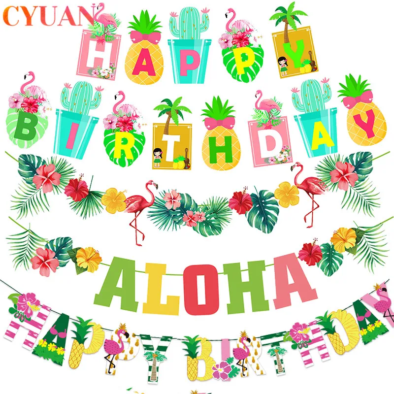 Hawaii ALOHA Happy Birthday Banner Flamingo Hawaiian Tropical Party Decorations Holiday Summer Party Luau Aloha Party Supplies