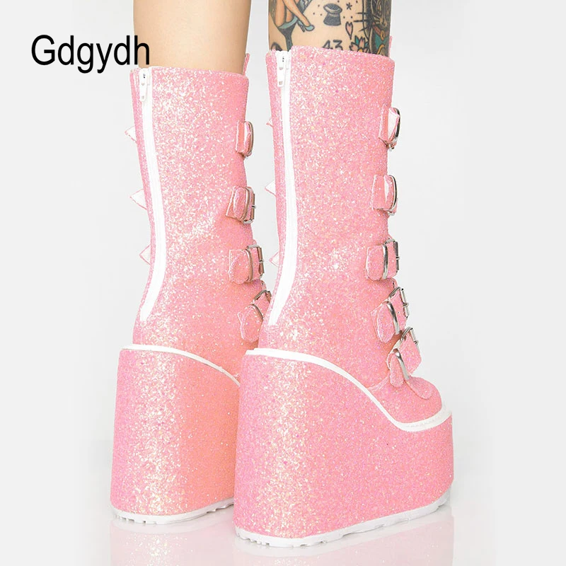 Gdgydh Female Wedges High Heels Boots Heart Shape Lovely Platform Combat Women Boots Sequins Glitter Punk Cool Winter Shoes Lady