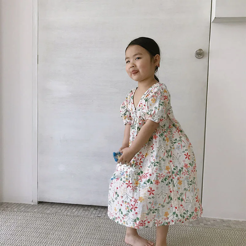 Summer Girls\' Dress Japanese And Korean Style Sweet Pastoral Style V-Neck Floral Dress Baby Kids Clothes Children Clothing