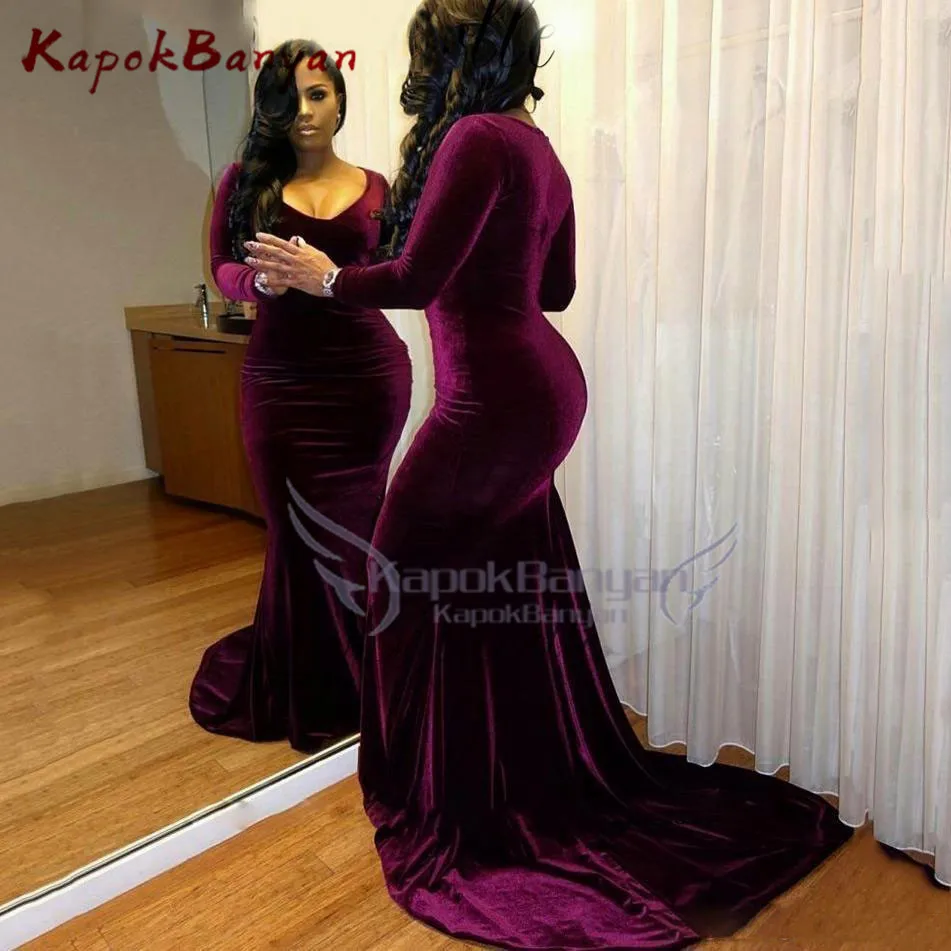 Sexy Plus Size Mermaid Prom Jurken voor Zwarte Meisjes Fluwelen Lange Mouwen V-hals Formele Party Dress Hof Trein Lange Avond jassen