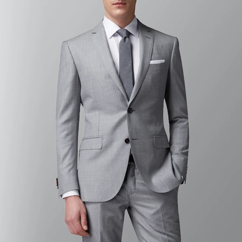 

Light Grey Business Men Suits Slim Fit 2 Piece Male Fashion Jacket with Pants Wedding Tuxedo for Groom Dinner Party Costume