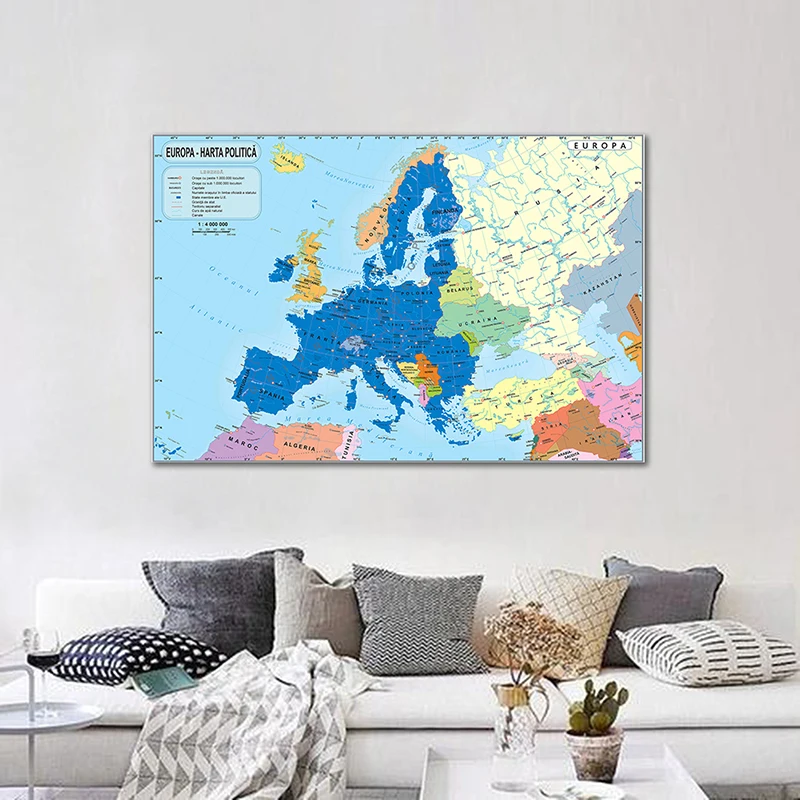 Mapa de Europa de 225x150cm, no tejido, grande, mapa de Europa, cuadro de Arte de pared, decoración de la escuela y la habitación del hogar