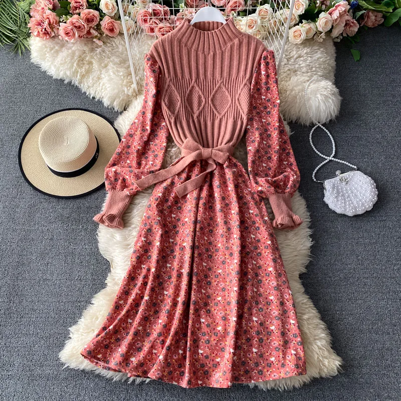 Herfst Vintage Elegante Midi Jurken Voor Vrouwen Patchwork Gebreide Vestidos Slanke Bandage Lange Gewaad Mode Bloemen Corduroy Jurk