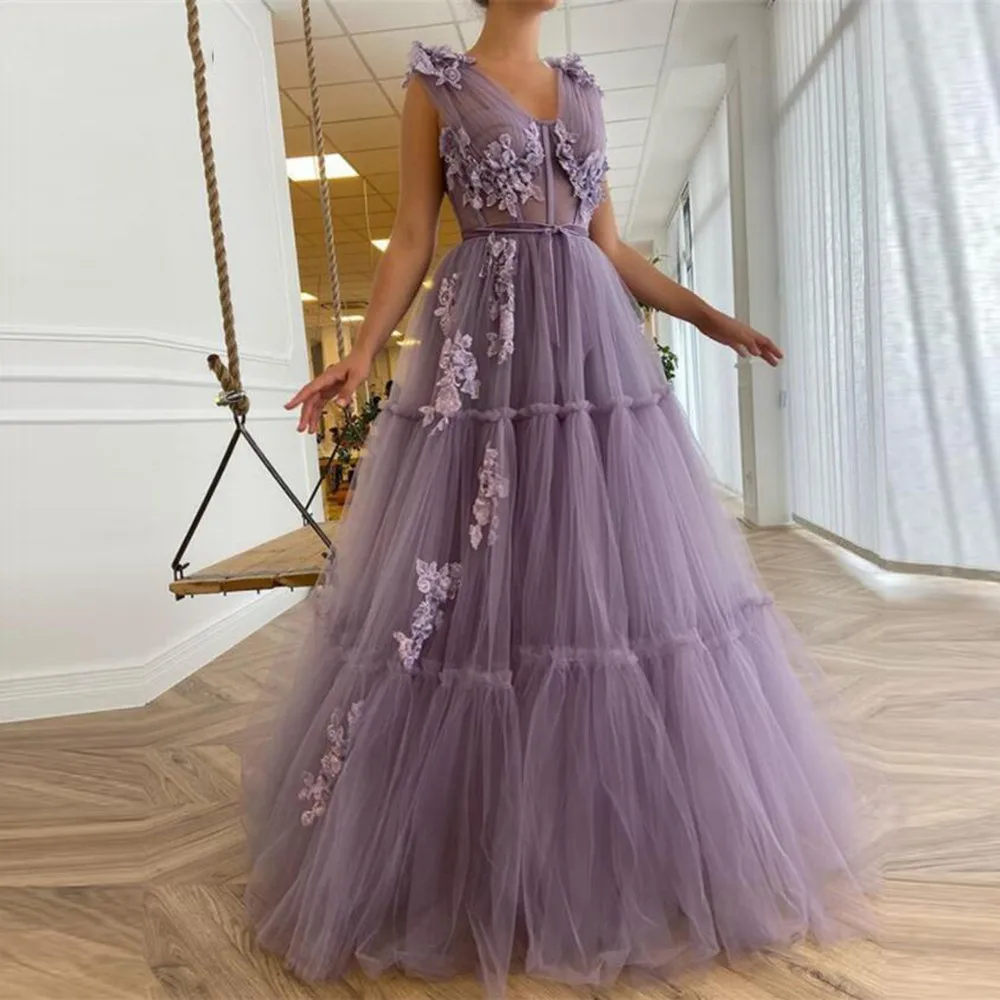 Elegante Prom Jurken Lavendel Tiered Tule Lang Een Lijn Aestido Feminino Festa Ingericht Uitbenen 3D Bloemen Floor Lengte Avond Gow