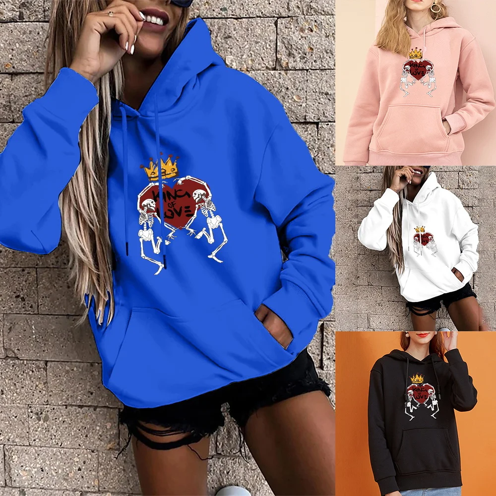 Sweat à capuche à manches longues pour femmes, surdimensionné, poche de sport, pull Harajuku drôle, couronne de crâne, amour imprimé, hauts décontractés pour filles