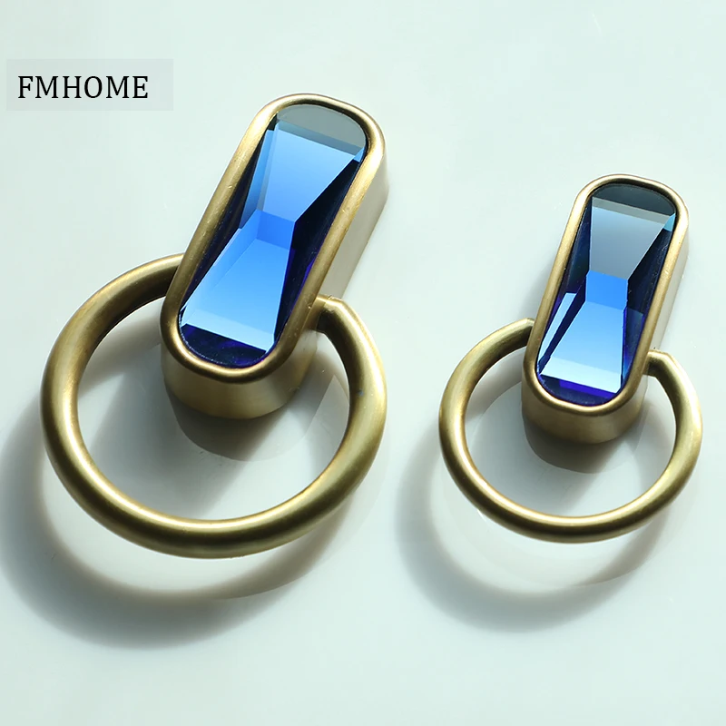 32mm fashion luxury blue glass crystal drop ring drawer wine cabinet kitchen cabinet handle stain brass cupboard pull know