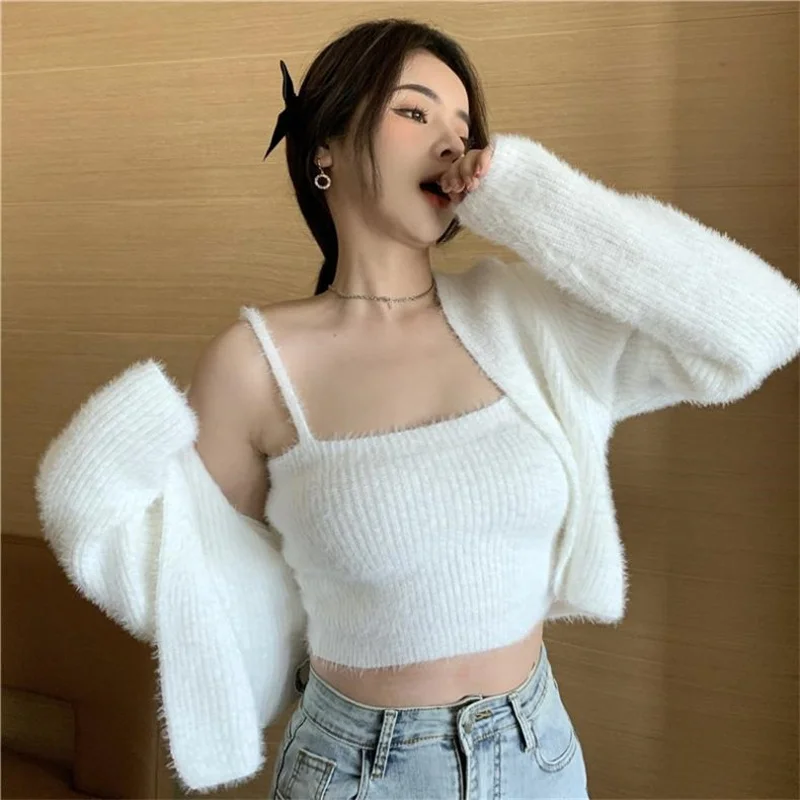 Korean Fashion Sets Autumn Sweet Cardigan V Neck Long Sleeve Pink Mohair Sweaters Coat Sexy Bottom Camisole Tops Women Clothing