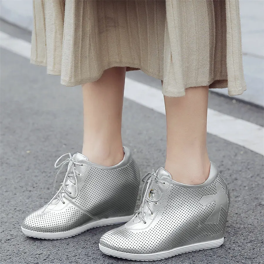 Platform Pumps Shoes Women Hollow Genuine Leather Wedges High Heel Ankle Boots Female Round Toe Fashion Sneakers Casual Shoes