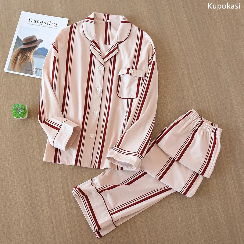 

Kupokasi Women Nightwear Cotton Casual Striped Spring Autumn Long Sleeve Pockets Pajamas For Girl Soft Homewear Sleepwear