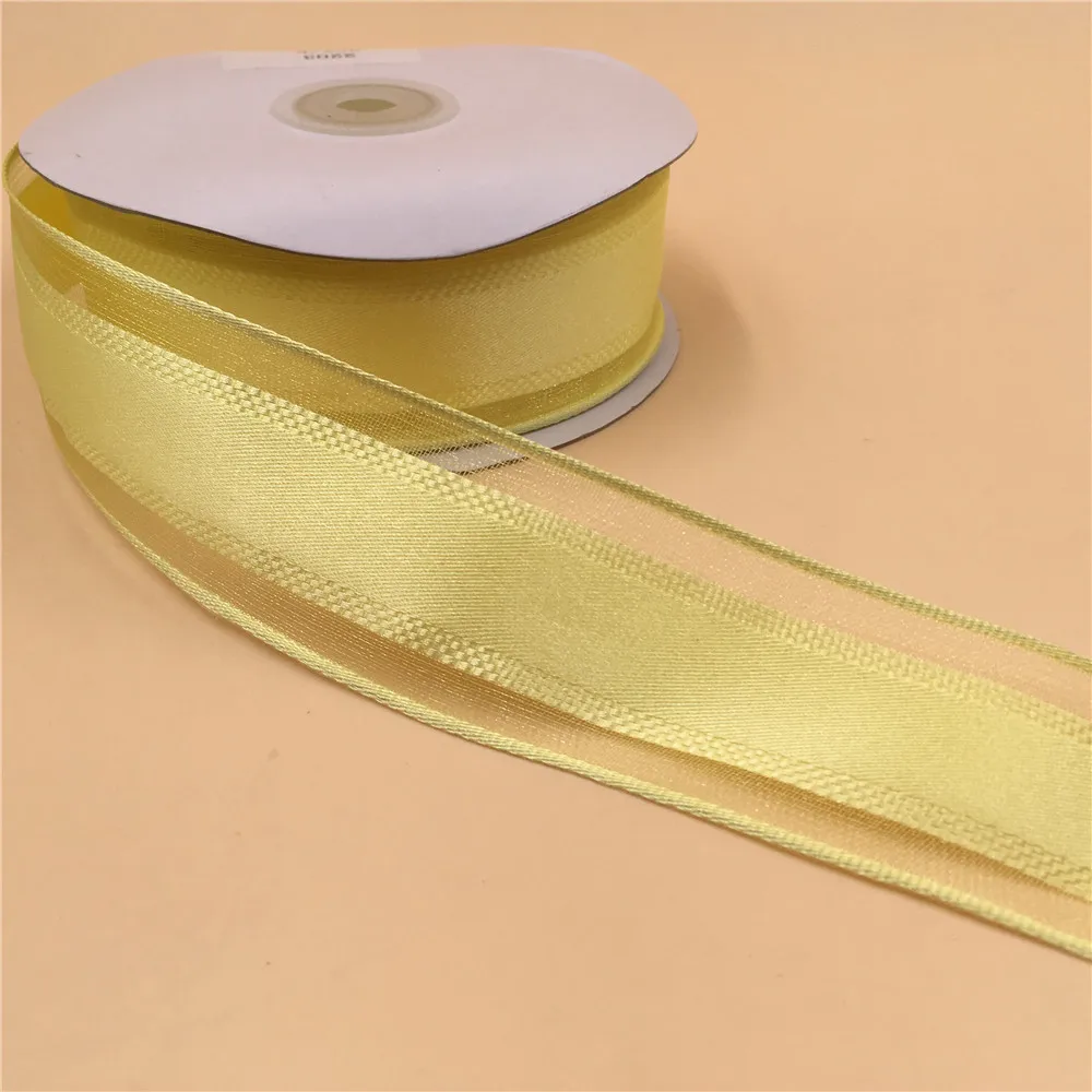 

38MM 25yards lemon Yellow Wired Edge Satin Ribbon With Transparent Organza edge for Christmas Decoration New Year Gift Wrapping