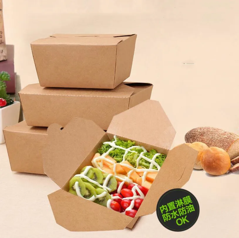 100pcs/lot Kraft Square Paper Box Disposable Lunch Box Food Package Takeaway Kraft Paper Box Party Wedding Tableware oil-proof