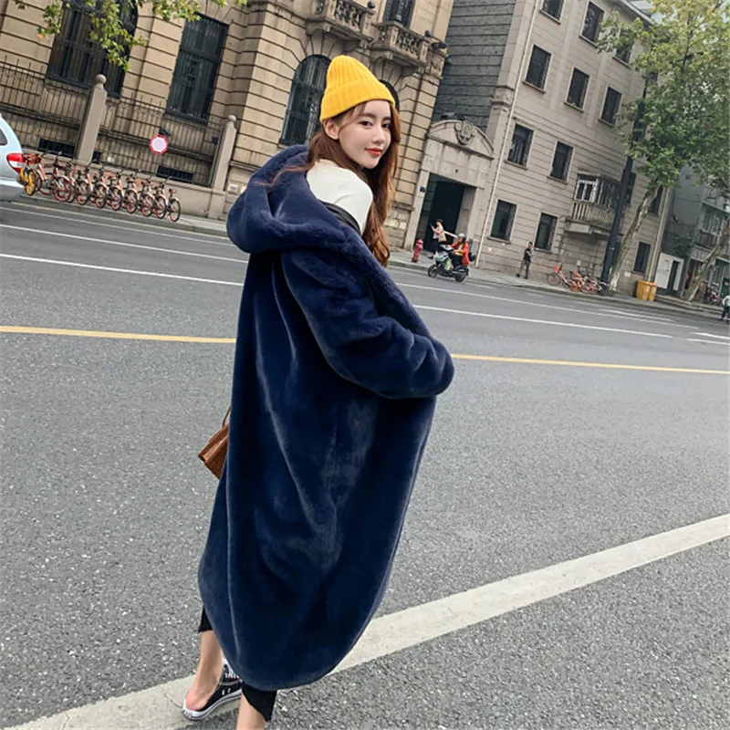 Korean Winter Thick Warm Long Lapel Hooded Rabbit Fur Coat Women Overcoat Casual Loose 3 Color Luxury Faux Fur Jacket Female