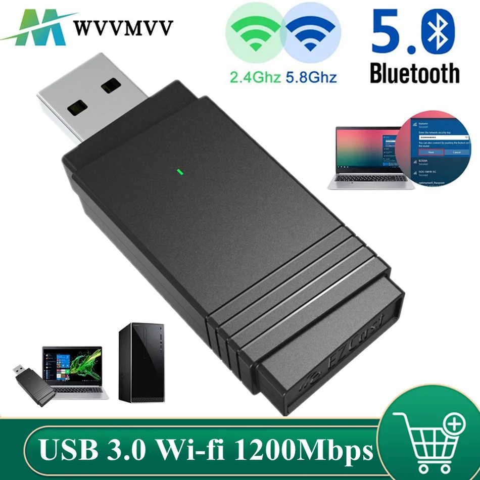 Usb 3.0 adaptador de wi-fi 1200mbps banda dupla 2.4ghz/5.8ghz bluetooth 5.0/wifi 2 em 1 antena dongle MU-MIMO adaptador para computadores portáteis