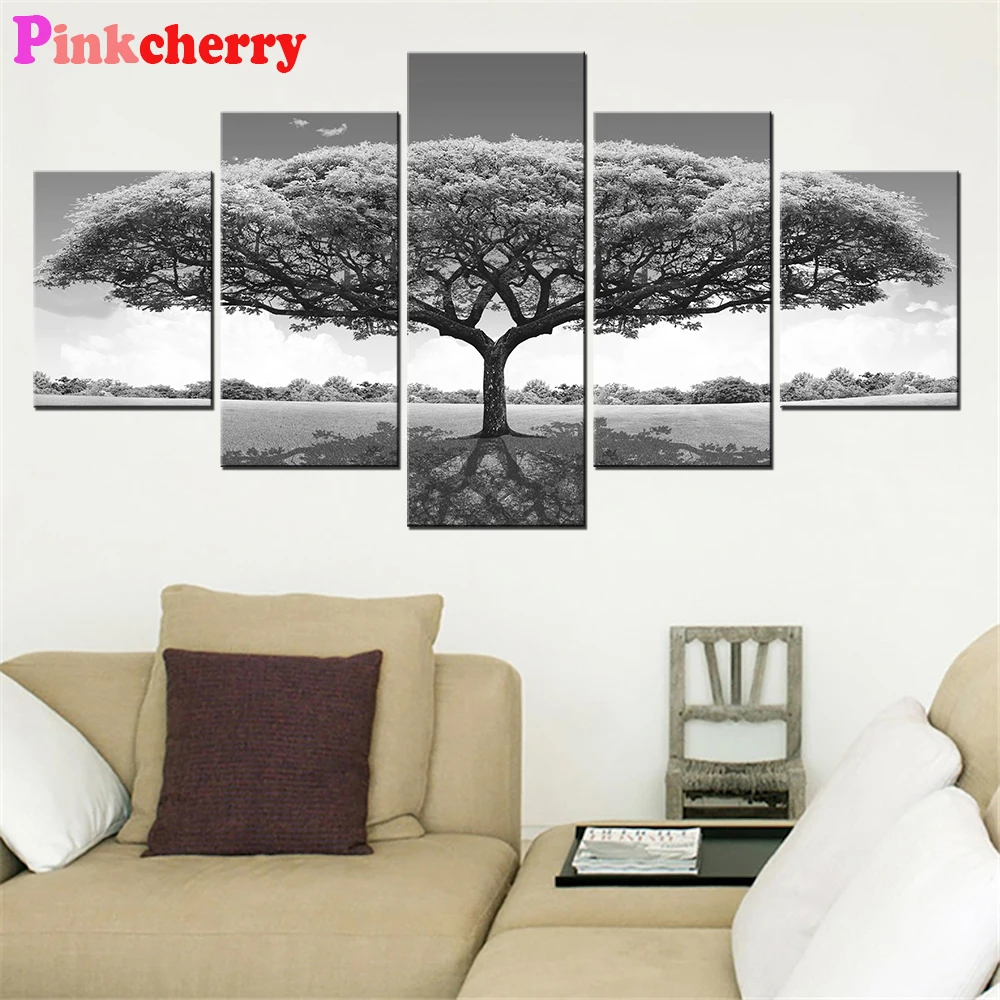 DIY 5d Diamond Painting black and white tree chair Mosaic Cross stitch Square/ Round Diamond Rhinestone Decor 5 Panels