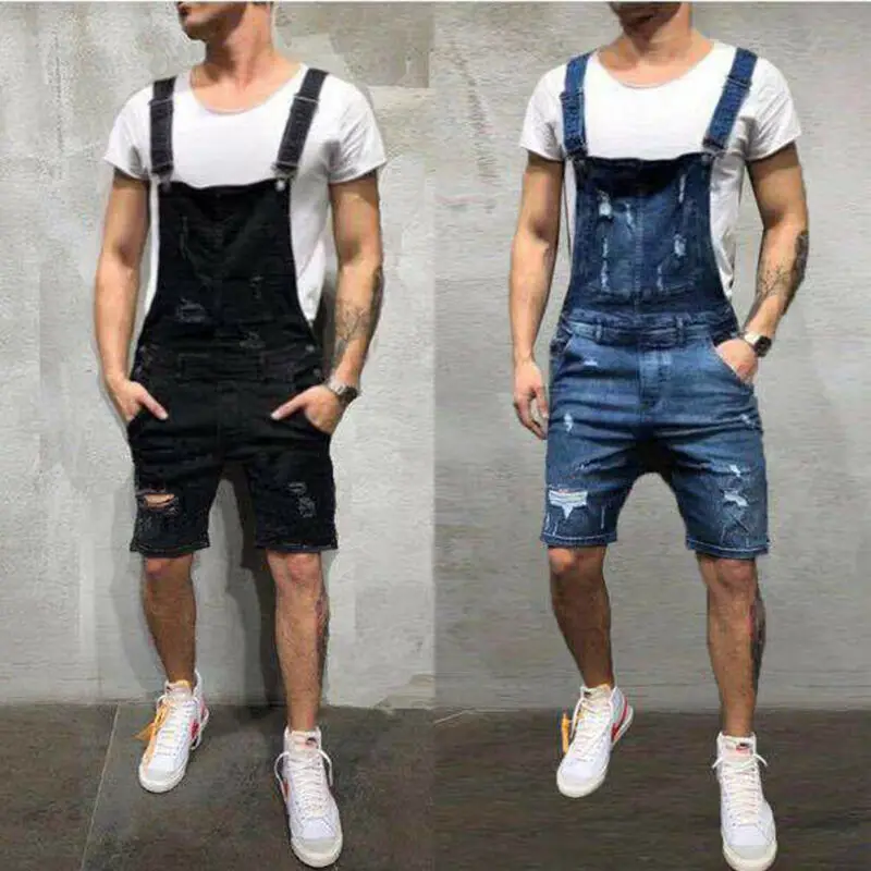 Men\'s Overalls Baggy Jeans Shorts Jumpsuits Men Shorts Summer Clothing Street Distressed Denim Bib Overalls Man Pants Plus Size