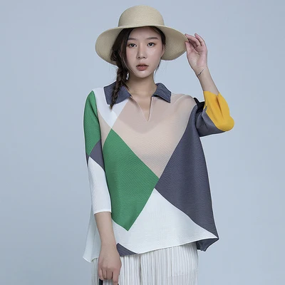 HOT SELLING Miyake Pleated fashion turndown collar three quarter  patchwork T-shirt  IN STOCK