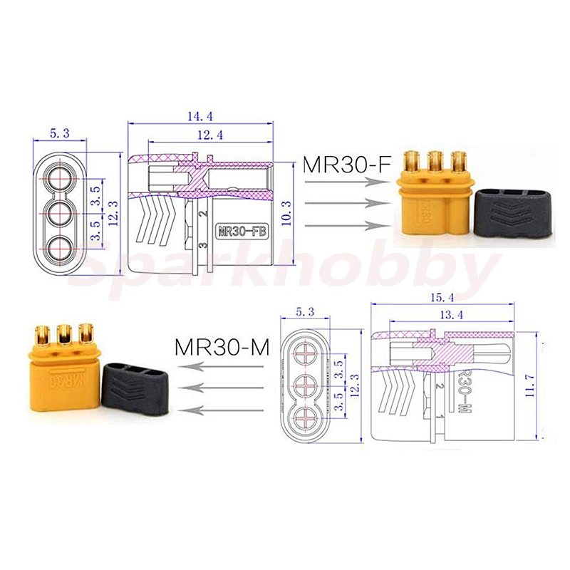 10PCS/5Pairs Amass MR30 Male Female Connector plug with sheath High current three-pin straight head connector for RC drones ACCS