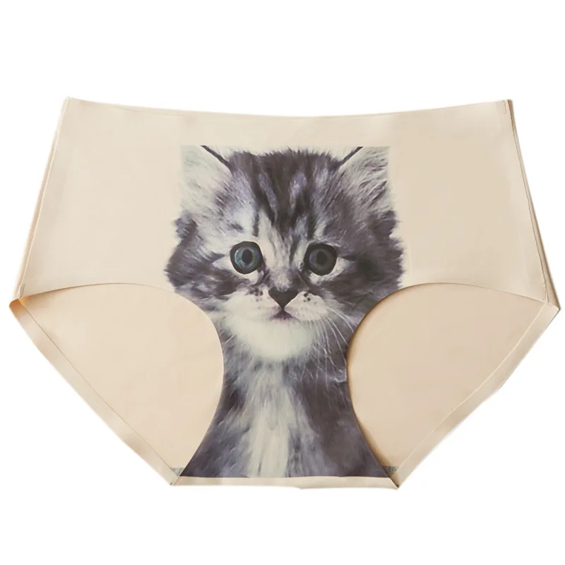 Briefs Women\'s Cat Panties Ice Silk Seamless Anti Emptied Meow Cat Print Realistic Pussy Female Cat Underwear