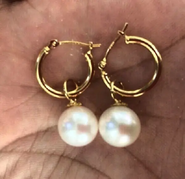 

free shipping 14k/20 GOLD 7-8mm perfect round white Australia south sea pearl dangle earring