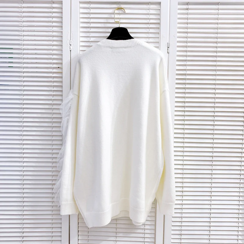 

O-Neck Women Mesh Spliced Pullover Sweaters Autumn Winter Loose Fit Long Sleeve Warm Tops Fashion Office Lady White Sweater